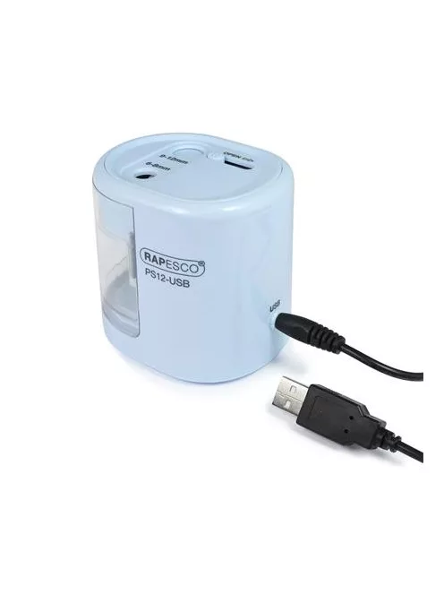 RAPESCO Hegyező, kétlyukú, asztali, elemes, USB töltővel, RAPESCO"PS12-USB", világoskék