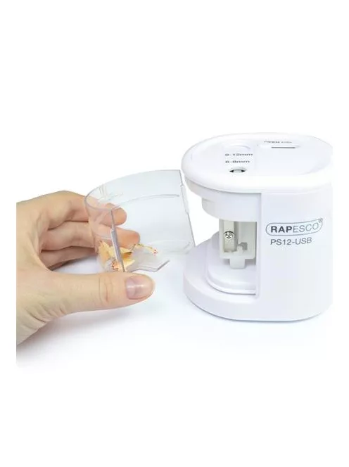 RAPESCO Hegyező, kétlyukú, asztali, elemes, USB töltővel, RAPESCO"PS12-USB", világoskék