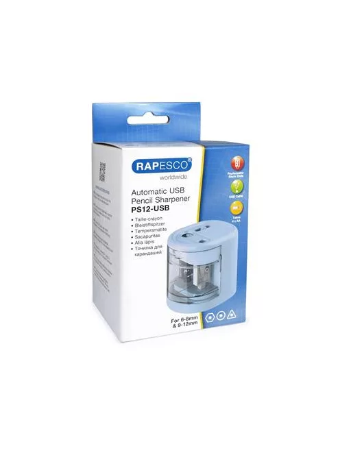 RAPESCO Hegyező, kétlyukú, asztali, elemes, USB töltővel, RAPESCO"PS12-USB", világoskék