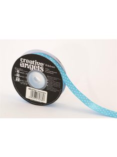   Szatén szalag, 15 mm x 22 m, világos kék fehér pöttyökkel