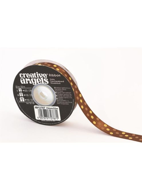 Szatén szalag, 15 mm x 22 m, bronz vegyes pöttyökkel