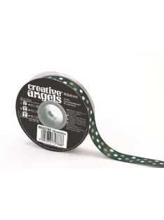   Szatén szalag, 15 mm x 22 m, sötétzöld vegyes pöttyökkel