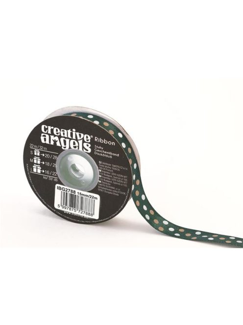 Szatén szalag, 15 mm x 22 m, sötétzöld vegyes pöttyökkel