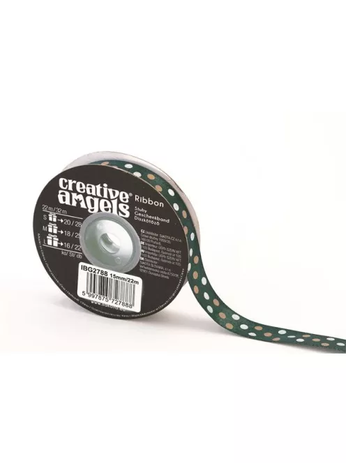 Szatén szalag, 15 mm x 22 m, sötétzöld vegyes pöttyökkel