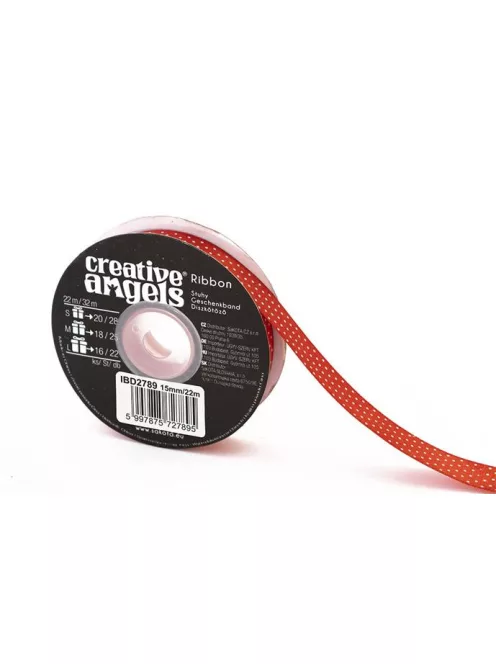 Szatén szalag, 15 mm x 22 m, piros fehér pöttyökkel