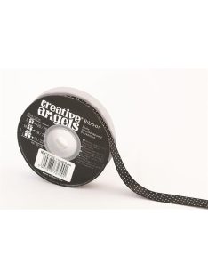 Szatén szalag, 15 mm x 22 m, fekete fehér pöttyökkel