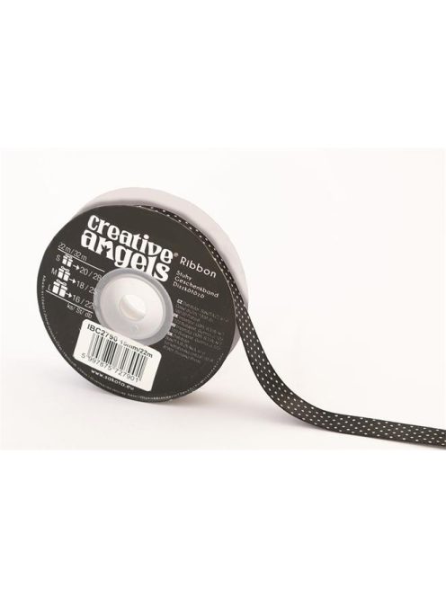 Szatén szalag, 15 mm x 22 m, fekete fehér pöttyökkel