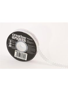 Szatén szalag, 15 mm x 22 m, fehér fekete pöttyökkel