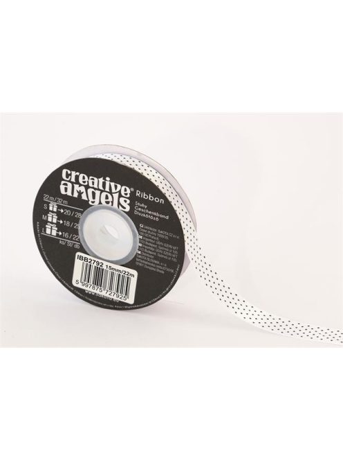 Szatén szalag, 15 mm x 22 m, fehér fekete pöttyökkel