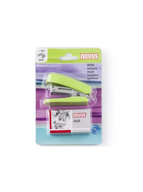 Tűzőgép Mini, 12 lap, 24-26/6, bliszter, fényes zöld
