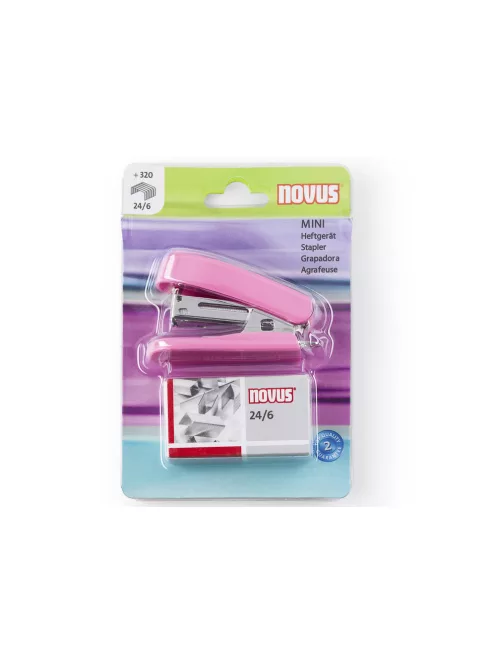 Tűzőgép Mini, 12 lap, 24-26/6, bliszter, fényes rózsaszín