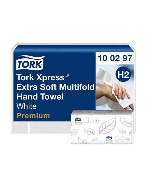 TORK Kéztörlő, Interfold hajtás, H2 rendszer, 2 rétegű, 100 lap, Premium, TORK "Xpress Extra Soft Multifold", fehér