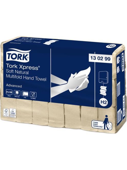 TORK Kéztörlő, Interfold hajtás, 2 rétegű, 180 lap, H2 rendszer, Advanced, TORK "Xpress Soft Multifold", natúr
