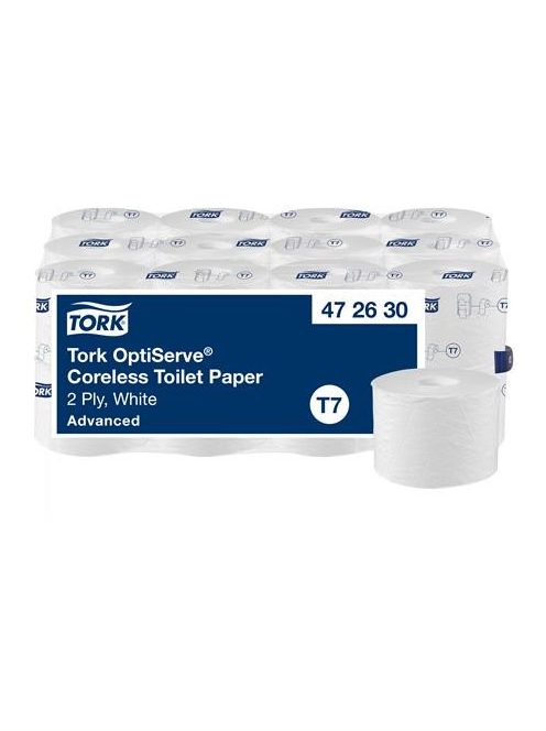 TORK Toalettpapír, belsőmag nélküli, T7 rendszer, 2 rétegű, 13,1 cm átmérő, Advanced, TORK "OptiServe", fehér