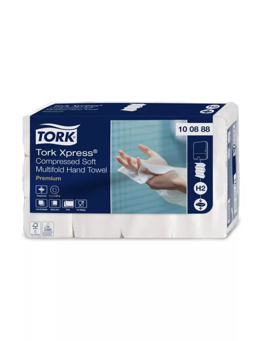 TORK Kéztörlő, tömörített, Interfold, 2 réteg, 170 lap, H2 rendszer, Premium, TORK "Xpress Soft Multifold", fehér