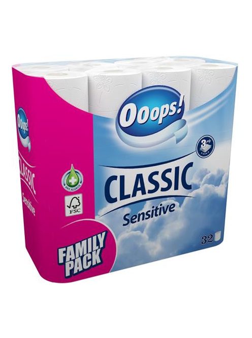 OOOPS Toalettpapír, 3 rétegű, kistekercses, 32 tekercs, OOOPS "Classic", sensitive