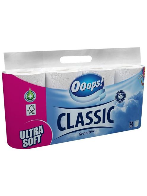 OOOPS Toalettpapír, 3 rétegű, kistekercses, 8 tekercs, OOOPS "Classic", sensitive