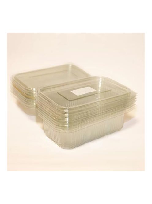 Ételtároló doboz, egybefedeles, újrahasznosított műanyag, szögletes, 750 ml, 100 db, "Party", víztiszta