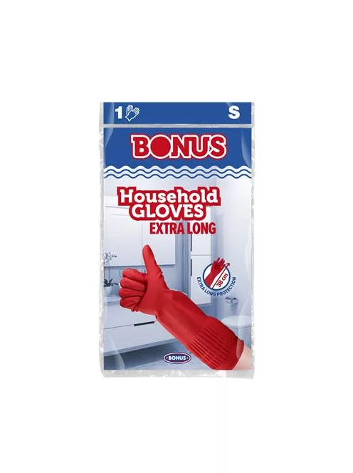 BONUS Gumikesztyű, háztartási, latex, extra hosszú, 38 cm, S méret, BONUS, piros