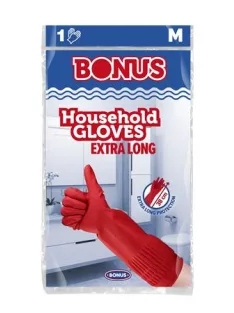   BONUS Gumikesztyű, háztartási, latex, extra hosszú, 38 cm, M méret, BONUS, piros