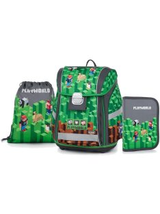   Minecraft mintás csatos ergonómikus iskolatáska tolltartóval és tornazsákkal, Premium Light, playworld, zöld-szürke