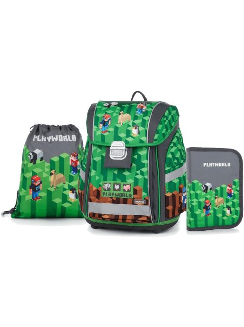 Minecraft mintás csatos ergonómikus iskolatáska tolltartóval és tornazsákkal, Premium Light, playworld, zöld-szürke