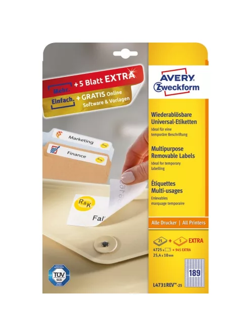 Etikett címke, 25,4 x10mm, univerzális visszaszedhető, 189 címke/ív, 25 ív/doboz, Avery fehér