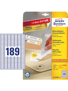   Etikett címke, 25,4 x10mm, univerzális visszaszedhető, 189 címke/ív, 25 ív/doboz, Avery fehér