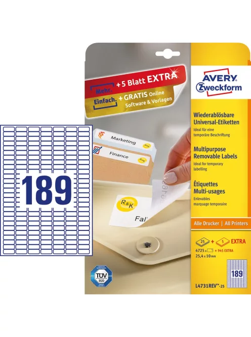Etikett címke, 25,4 x10mm, univerzális visszaszedhető, 189 címke/ív, 25 ív/doboz, Avery fehér