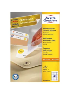   Etikett címke, 45,7 x21,2mm, univerzális visszaszedhető, 48 címke/ív, 100 ív/doboz, Avery fehér