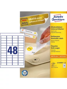   Etikett címke, 45,7 x21,2mm, univerzális visszaszedhető, 48 címke/ív, 100 ív/doboz, Avery fehér