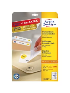   Etikett címke, 45,7 x21,2mm, univerzális visszaszedhető, 48 címke/ív, 25 ív/doboz, Avery fehér