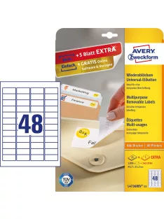   Etikett címke, 45,7 x21,2mm, univerzális visszaszedhető, 48 címke/ív, 25 ív/doboz, Avery fehér