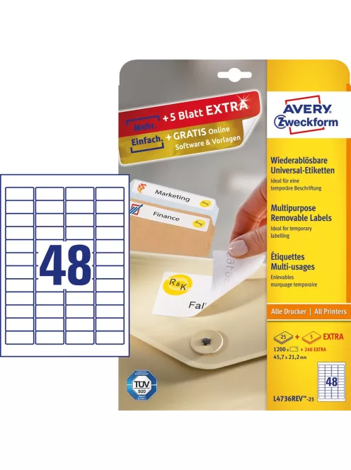 Etikett címke, 45,7 x21,2mm, univerzális visszaszedhető, 48 címke/ív, 25 ív/doboz, Avery fehér