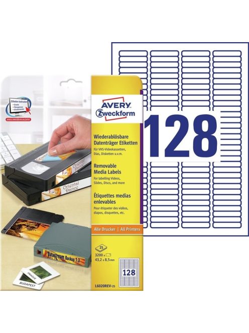 Etikett címke, 43,2x8,5mm, univerzális visszaszedhető, 128 címke/ív, 25 ív/doboz, Avery fehér