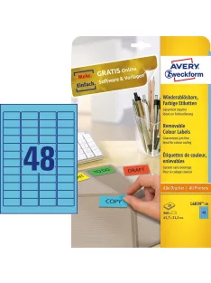   Etikett címke, 45,7 x21,2mm, univerzális visszaszedhető, 48 címke/ív, 20 ív/doboz, Avery kék