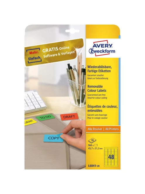 Etikett címke, 45,7 x21,2mm, univerzális visszaszedhető, 48 címke/ív, 20 ív/doboz, Avery sárga