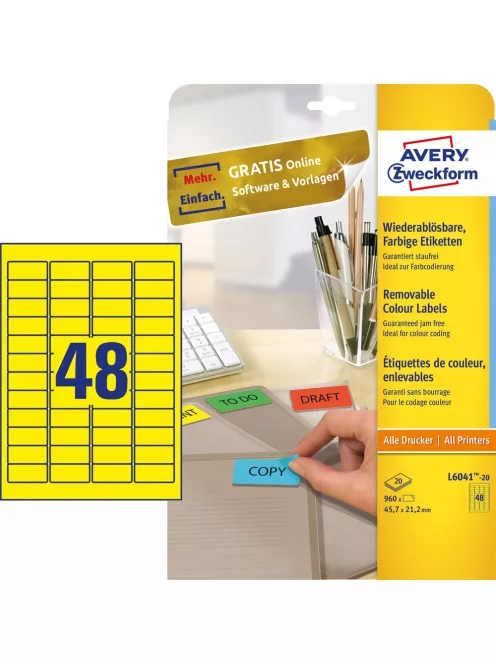 Etikett címke, 45,7 x21,2mm, univerzális visszaszedhető, 48 címke/ív, 20 ív/doboz, Avery sárga