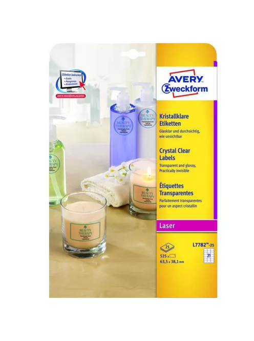 Etikett címke, 63,5 x38,1mm,víztiszta, 21 címke/ív, 25 ív/doboz, Avery átlátszó