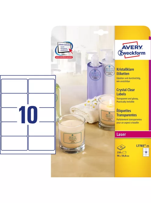 Etikett címke, 96 x50,8mm,víztiszta, 10 címke/ív, 25 ív/doboz, Avery átlátszó