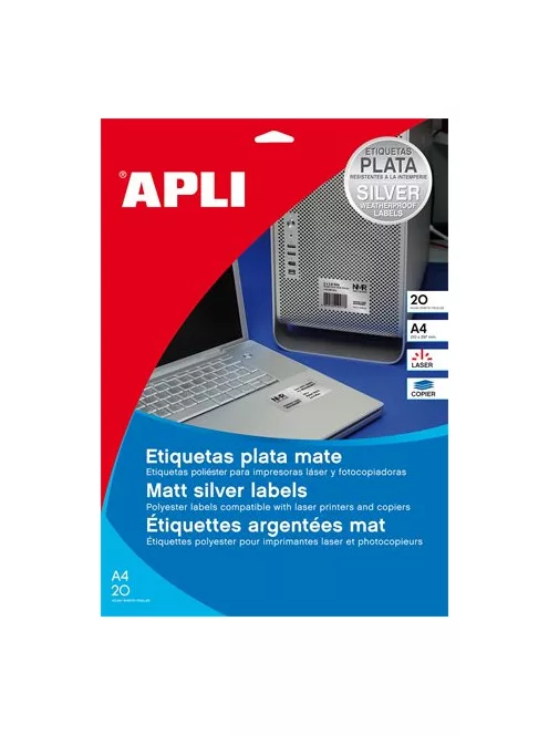 APLI Etikett, 63,5x29,6 mm, poliészter, időjárásálló, kerekített sarkú, APLI, ezüst, 540 etikett/csomag