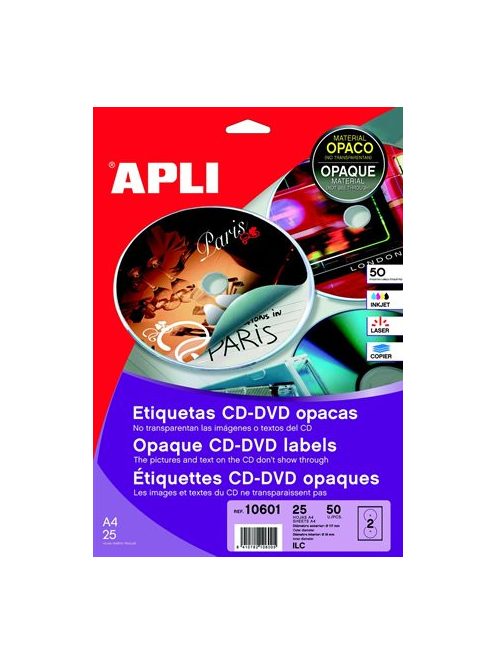 APLI Etikett, CD/DVD, A4, teljes lefedettségű, matt, APLI "Mega"