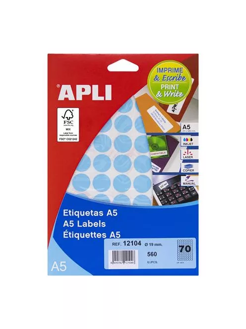 APLI Etikett, 19 mm kör, színes, A5 hordozón, APLI, kék, 560 etikett/csomag