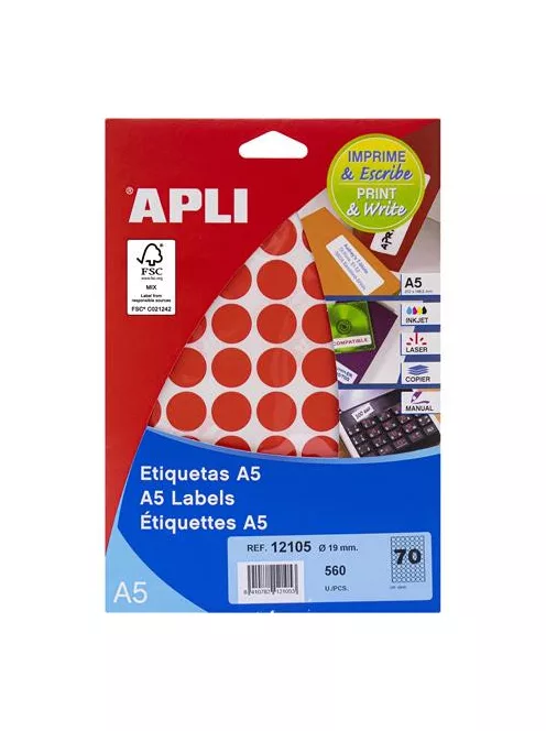APLI Etikett, 19 mm kör, színes, A5 hordozón, APLI, piros, 560 etikett/csomag