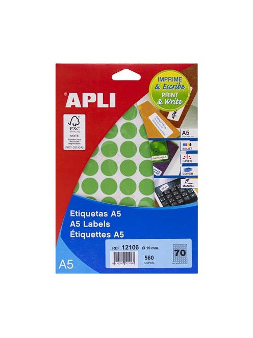 APLI Etikett, 19 mm kör, színes, A5 hordozón, APLI, zöld, 560 etikett/csomag
