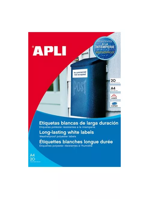 APLI Etikett, 210x297 mm, poliészter, időjárásálló, matt fehér, APLI, 20 etikett/csomag