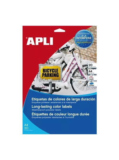 APLI Etikett, 210x297 mm, poliészter, időjárásálló, APLI, sárga, 20 etikett/csomag
