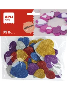   APLI Moosgumi, öntapadó, glitteres, szívek, APLI Kids "Eva Sheets", vegyes színek