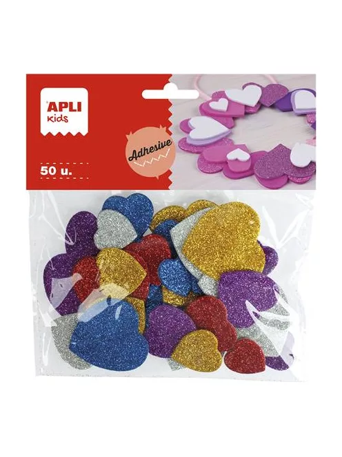 APLI Moosgumi, öntapadó, glitteres, szívek, APLI Kids "Eva Sheets", vegyes színek
