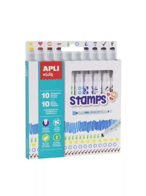 APLI Filctoll készlet, nyomda, APLI Kids "Markers Duo Stamps", 10 különböző szín és minta